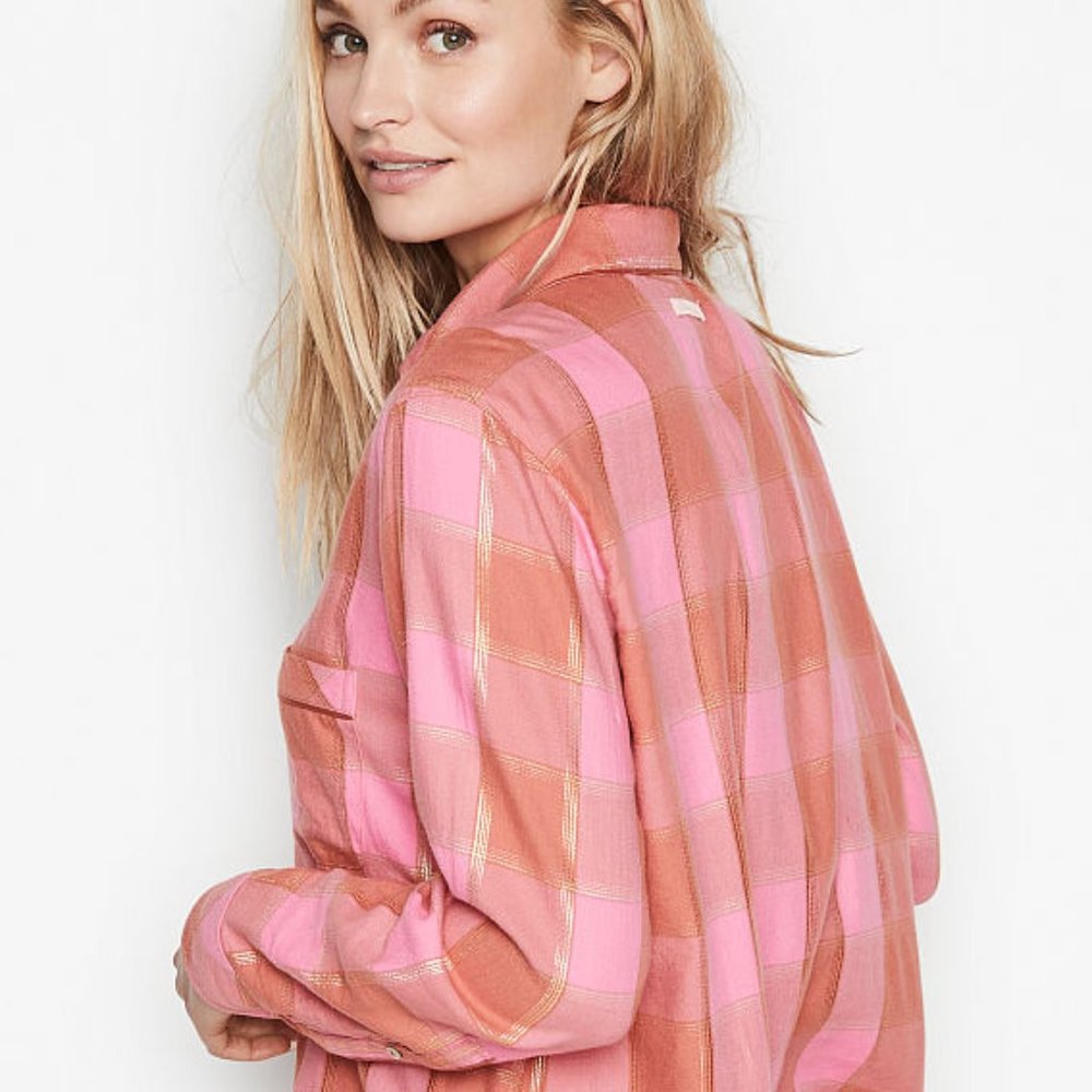 VICTORIA'S SECRET XS Flannel Top Plaid Pink w/ Gold Metallic NWT - Picture 8 of 16